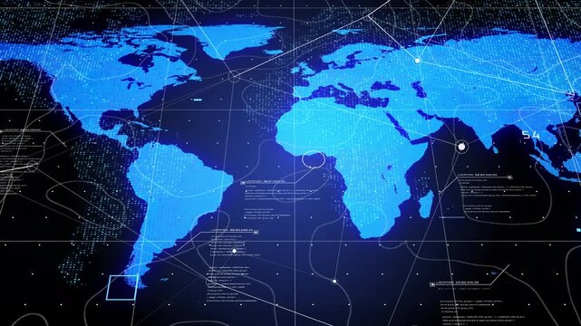 Animated Digital World Map Showing Global Network Connections and Data Transfer Across Continents. Abstract Blue Globe Network Lines for Futuristic Business, Cyber Security, and Communication Concept.