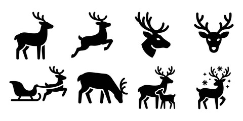 Obraz premium A collection of eight black reindeer silhouettes depicted in diverse poses and arrangements suitable for festive seasonal graphic designs