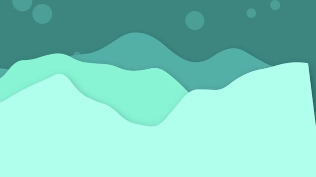 Abstract papercut waves in teal and mint, layered ocean landscape with floating bubbles, modern flat vector sea background for motion graphics