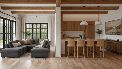 Fototapeta premium Modern rustic living room and kitchen open concept with natural wood accents