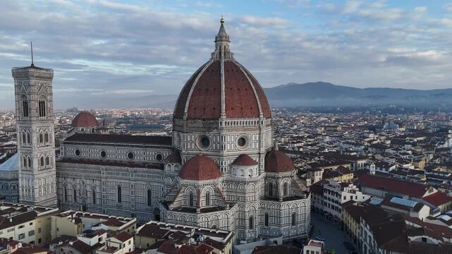 Drone flyover of Cathedral of Santa Maria del Fiore in Florence Italy