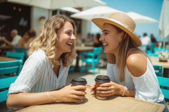 Two cheerful young women laughing and talking while holding coffee cups at an outdoor cafe table during a sunny summer day in a relaxed social atmosphere setting