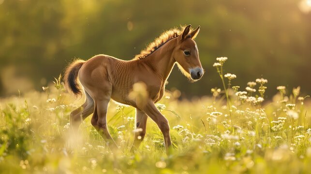 Happy foal playing in the field in summer
