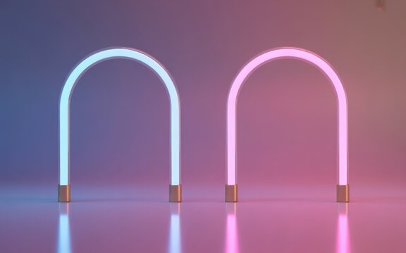 Two glowing neon arch lights in blue and pink colors standing on a reflective surface against a soft gradient background, creating a modern, and minimalist aesthetic