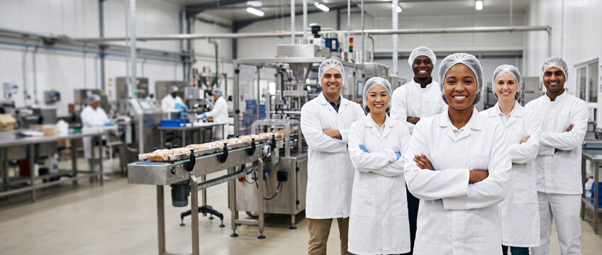Female production manager leads diverse food manufacturing team in modern processing facility, showcasing food safety, quality control, production expertise and industrial teamwork.
