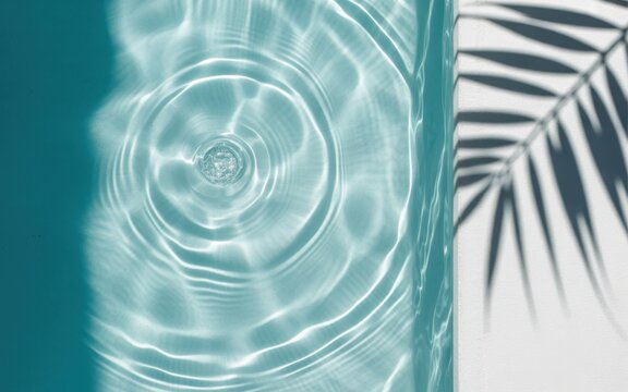 View of clear turquoise swimming pool water with concentric circular ripples and a sharp palm leaf shadow cast on the white concrete edge, summer vacation aesthetic