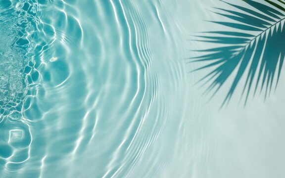 View of rippling turquoise water surface with a soft shadow of a palm leaf, creating a refreshing summer atmosphere, abstract background, light and shadow play