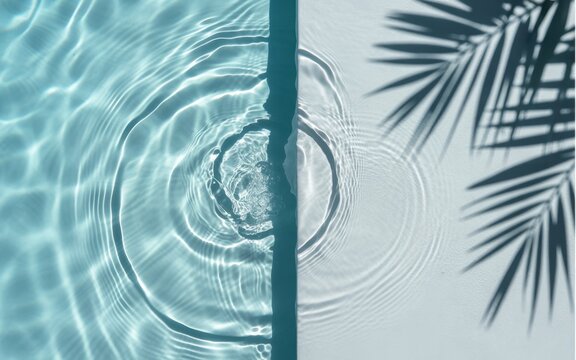 View of rippling blue water in a swimming pool divided by a straight edge with a palm leaf shadow cast onto the white concrete deck creating a summer vacation vibe