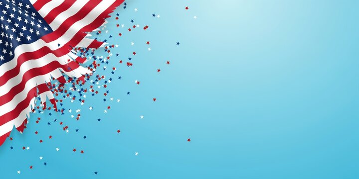 Waving american flag with red white and blue confetti on a light blue background, for independence day, celebration and patriotic, holiday concept and
