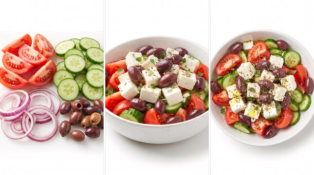 Food photography triptych collage of making fresh Greek salad from chopped ingredients to served dish