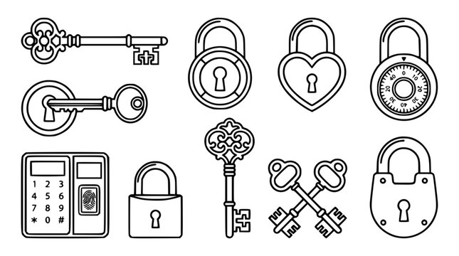 Security Lock and Key Line Icon Set with Padlocks Combination Dials Electronic Keypads and Vintage Skeleton Key Vector Symbols