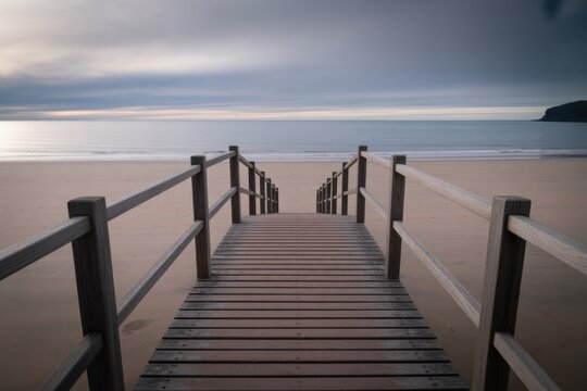 Wooden boardwalk leading to a serene sandy beach under a cloudy dramatic sky at sunset with calm ocean waves and dark coastal cliffs in the distance peaceful scenery