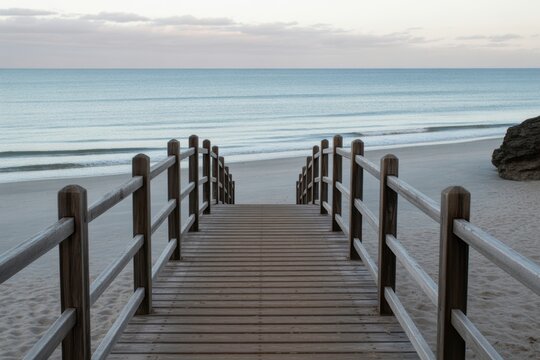 Wooden boardwalk path with railings leading towards the calm ocean beach at twilight with soft sandy shore and gentle waves under a cloudy evening sky background
