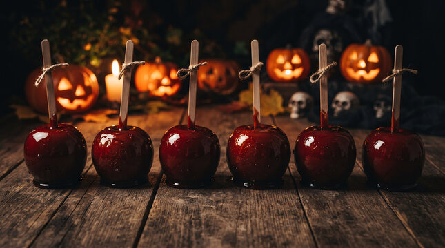 Row of glossy red candy apples on sticks with glowing Halloween jack-o-lantern pumpkins in background