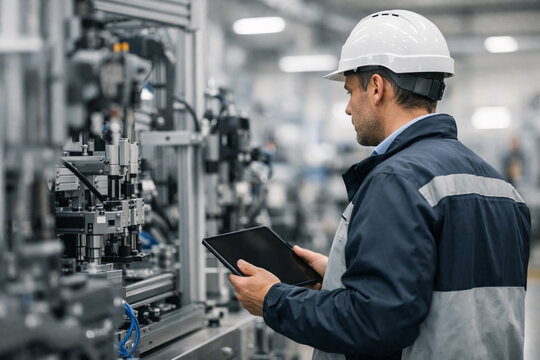 Industrial engineer inspects automated manufacturing equipment, reviewing diagnostic data to support machine performance, quality control, predictive maintenance and factory efficiency.