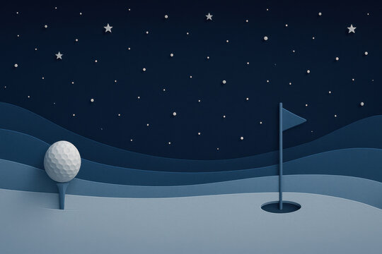 Peaceful golf course at night under starry sky with snow. clean, minimal illustration featuring layers and copy space for serene and quiet winter scene
