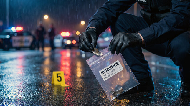 Forensic Investigator Collecting Evidence at Crime Scene in Rain