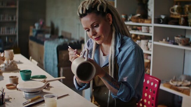 Positive potter woman applies lacquer onto clay mug with brush