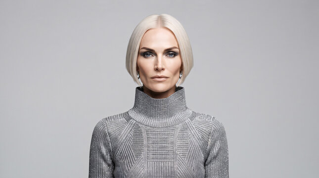 Studio portrait of confident high fashion woman with platinum blonde bob haircut wearing silver metallic turtleneck