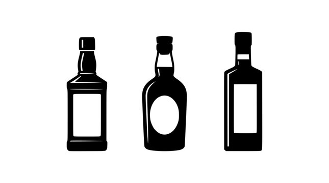  Dark whiskey liquor and wine bottle vector illustration set with blank customizable label emblem templates for pub menu layout design