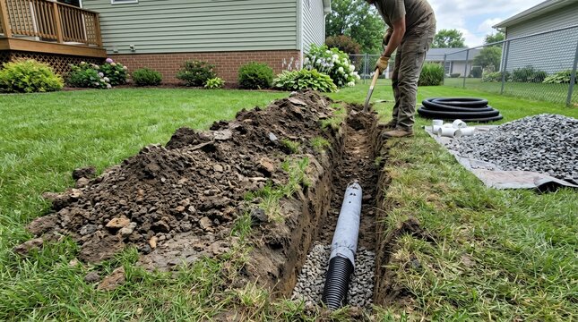 Worker digging a trench to install a French drain pipe and gravel in a suburban backyard for yard drainage and water control.