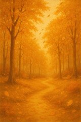 Fototapeta premium Warm autumn forest with golden leaves falling along winding path, creating serene and tranquil seasonal landscape