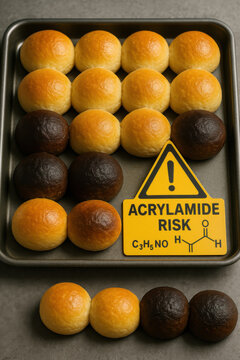 Tray of golden and burnt bread rolls with acrylamide risk chemical formula warning sign highlighting food safety hazard concept