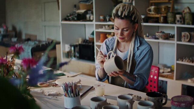 Smiling potter lady spreads glue to attach mug handle in shop