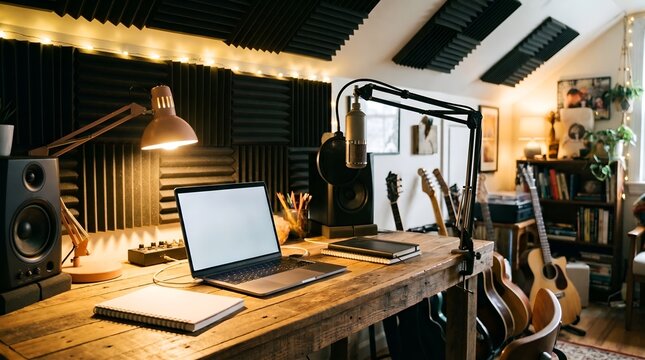 Creative home podcast studio setup with microphone and laptop desk