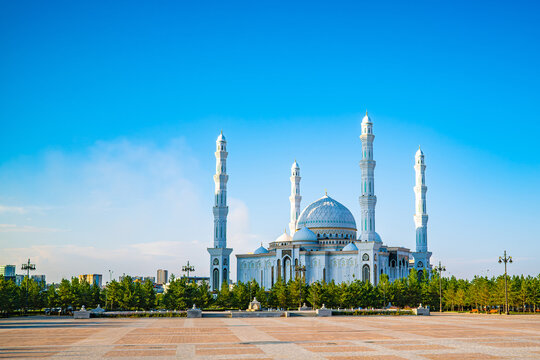 Grand mosque with tall minarets and dome on sunny day, Islamic architecture concept, in Astana Kazakhstan