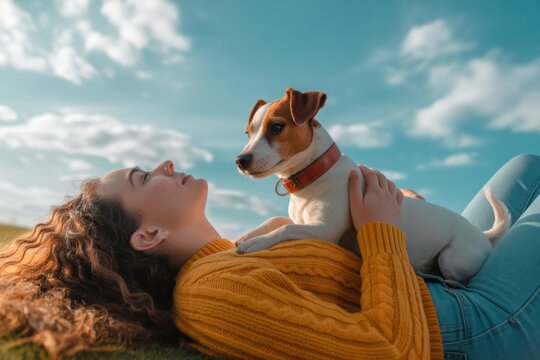 Young woman with curly hair lying on the grass wearing a yellow sweater and blue jeans cuddling her jack russell terrier dog under a bright blue sky with white clouds