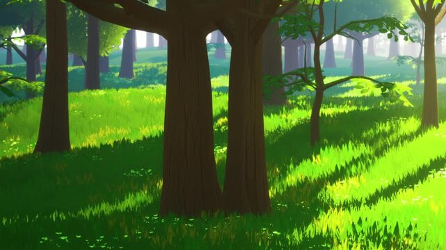 Trees stand tall in a bright green forest. Sunlight filters through branches and casts shadows on the grass. The scene shows nature in full light on a sunny day.