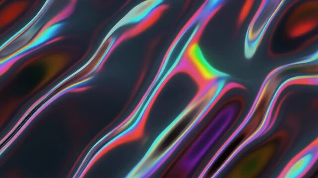 Abstract background with flowing liquid metallic surface and vibrant holographic rainbow colors.