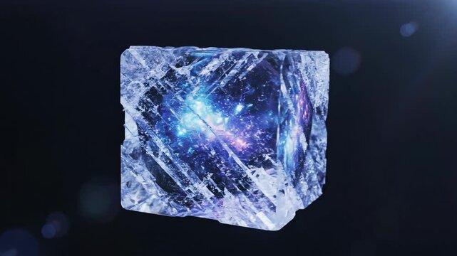 A frozen cube with a galaxy nebula inside, cracked ice texture, set against a dark background.