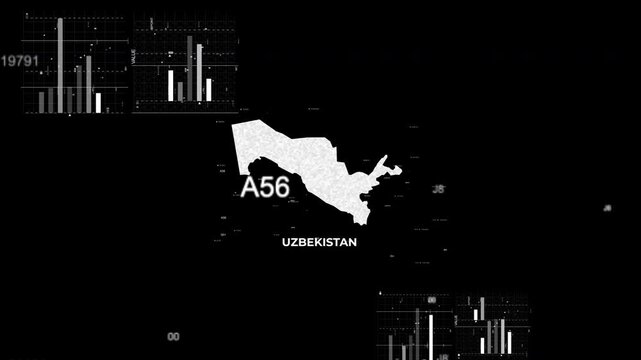 Uzbekistan map animation showcasing economy, infrastructure, technology, population, energy, trade, and national development data for presentations, films, documentaries, and motion graphics.