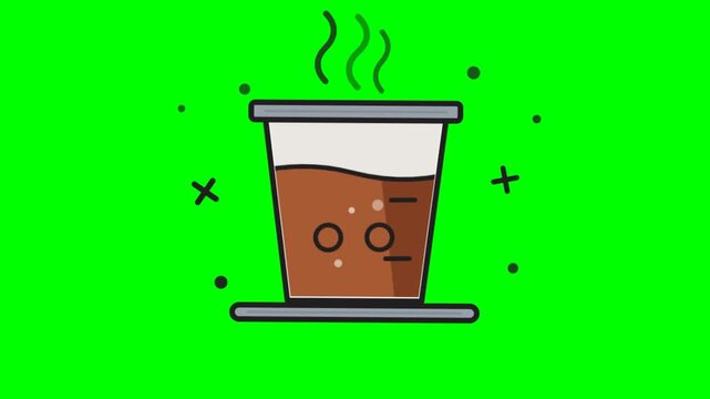Animated vector illustration of a hot coffee cup with steam rising against a vibrant green screen background
