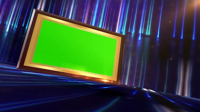 Luxury Gold Frame Motion Display Mockup with Green Screen Chroma Key Placeholder and Futuristic Blue Light Stage Environment