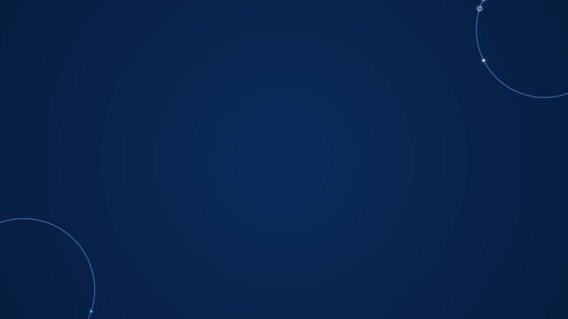 Glowing digital particles moving in circular paths on blue