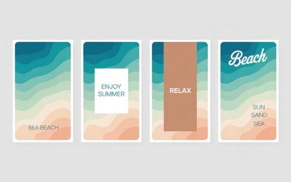 Set of four vertical summer beach themed backgrounds featuring wavy ocean layers in teal and sand colors with minimalist text for social media story templates