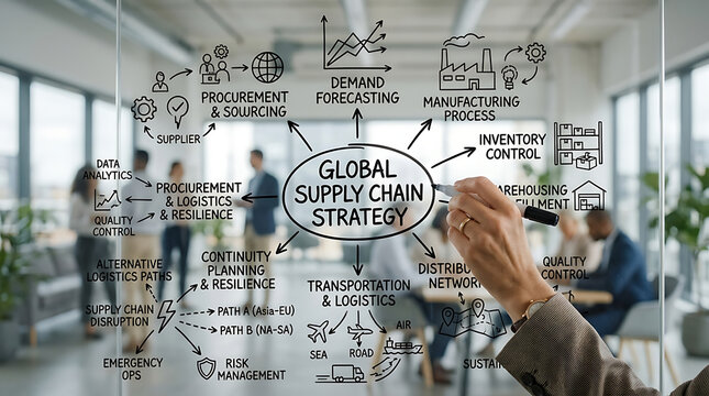 Business professional drawing a global supply chain strategy diagram on a glass wall in an office.