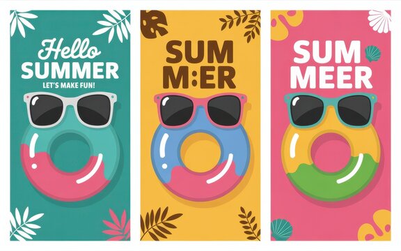 Set of three vertical summer banners featuring colorful inflatable pool floats with sunglasses and tropical leaves on vibrant backgrounds with playful summer typography