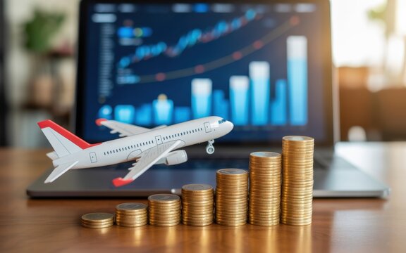 Small model airplane flying over a growing stack of golden coins placed on a wooden desk in front of a laptop screen displaying complex financial stock market growth charts