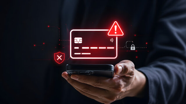 A hand holding mobile phone with credit card icon red alert warning sign for online payment fraud protection.