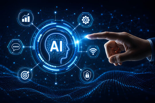 A hand interacts with a glowing AI brain inside a secure digital circle surrounded by technology icons.