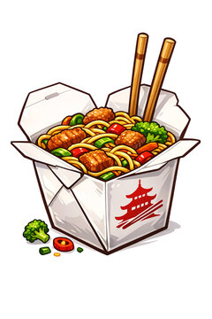 Illustrated image of Chinese takeout in a styrofoam container. Includes beef and broccoli, noodles, and rice with vegetables.