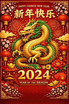 Chinese New Year greeting card featuring a dragon and phoenix, fireworks, red envelope with 'Happy Chinese New Year' in Chinese characters. Red and gold traditional colors.