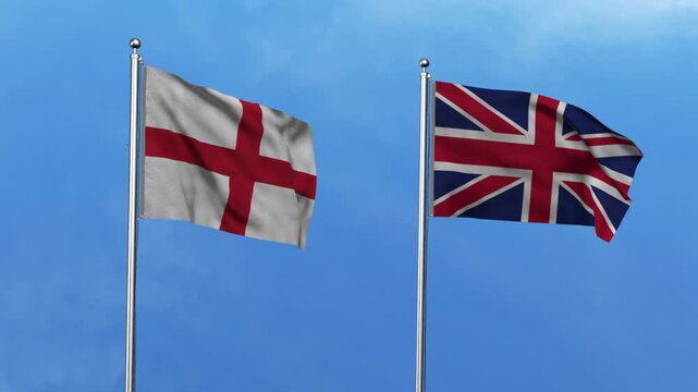England and United Kingdom Waving Flags, 3D Illustration