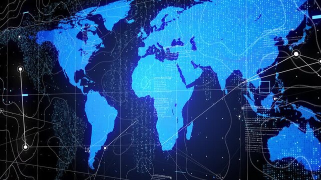 Digital Technology World Map Animation with Glowing Connections and Interconnected Nodes. Expanding Network Lines Across Earth Globe Representing Data Flow, AI, and Global Communication.