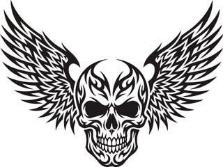 Fototapeta premium Winged human skull with spread feather wings tribal tattoo vector illustration