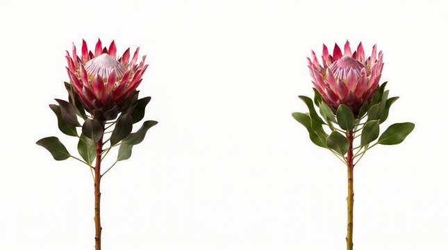 Two pink king protea flowers with stems isolated on white background
